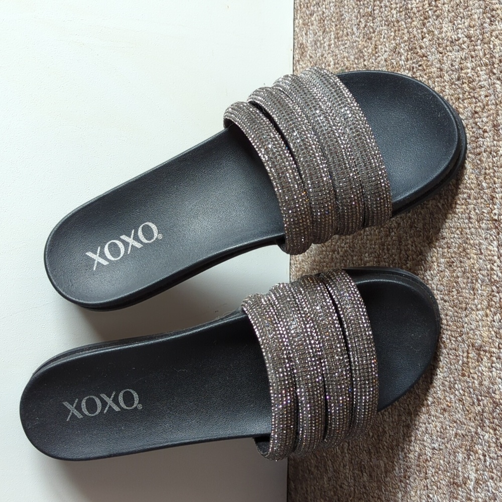 💎  Fun Bling Slide Slides Sandals 9? Black w/ Silver Gray Crystals Sparkly XOXO